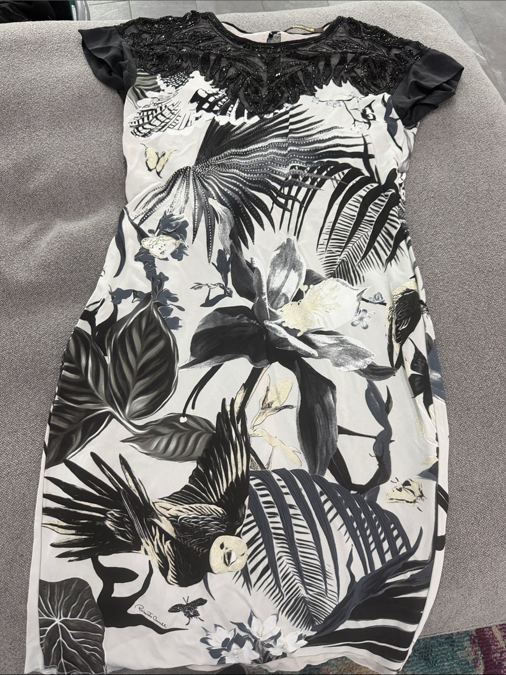 Roberto Cavalli Black, White and parrot-Print Midi Dress with Beaded